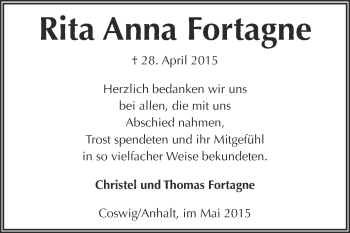 Traueranzeige von Rita Anna Fortagne von Super Sonntag Wittenberg
