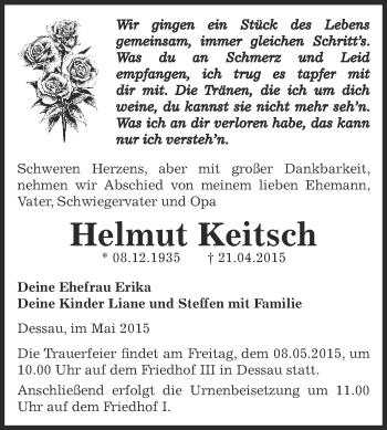 Traueranzeige von Helmut Keitsch von WVG - Wochenspiegel Dessau / Köthen