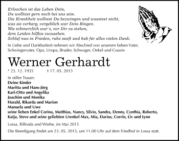 Traueranzeige von Werner Gerhardt von Mitteldeutsche Zeitung Naumburg/Nebra