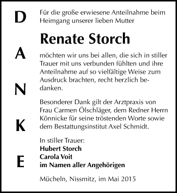 Traueranzeige von Renate Storch von Mitteldeutsche Zeitung Naumburg/Nebra