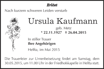 Traueranzeige von Ursula Kaufmann von Wochenspiegel Mansfelder Land