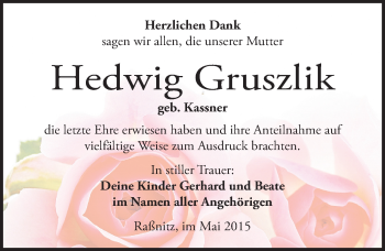 Traueranzeige von Hedwig Gruszlik von Mitteldeutsche Zeitung Merseburg/Querfurt