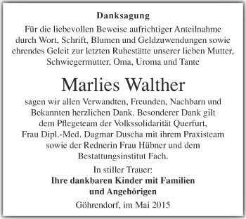 Traueranzeige von Marlies Walther von WVG - Wochenspiegel Merseburg