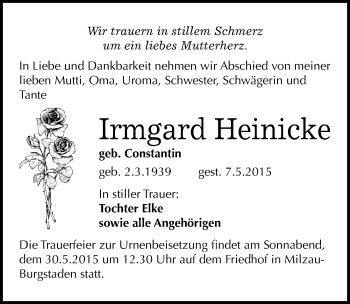 Traueranzeige von Irmgard Heinicke von Mitteldeutsche Zeitung Merseburg/Querfurt
