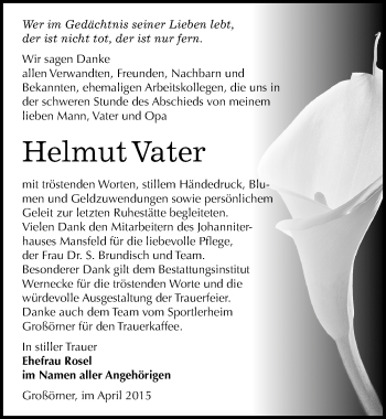 Traueranzeige von Helmut Vater von Mitteldeutsche Zeitung Mansfelder Land