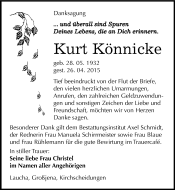 Traueranzeige von Kurt Könnicke von Mitteldeutsche Zeitung Naumburg/Nebra
