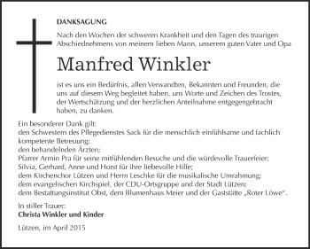 Traueranzeige von Manfred Winkler von Super Sonntag Merseburg