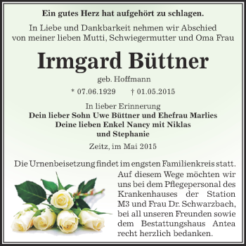 Traueranzeige von Irmgard Büttner von Super Sonntag Zeitz