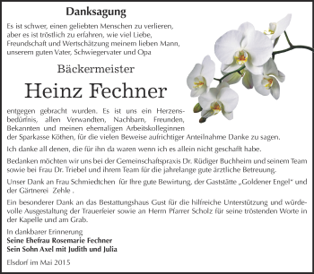 Traueranzeige von Heinz Fechner von WVG - Wochenspiegel Dessau / Köthen