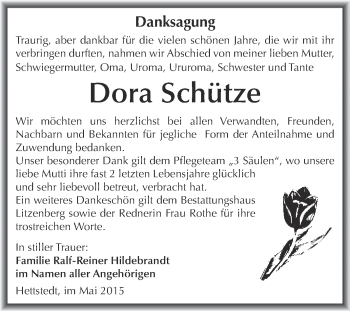 Traueranzeige von Dora Schütze von Wochenspiegel Mansfelder Land