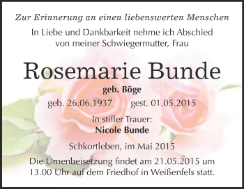 Traueranzeige von Rosemarie Bunde von WVG - Wochenspiegel NMB / WSF / ZTZ
