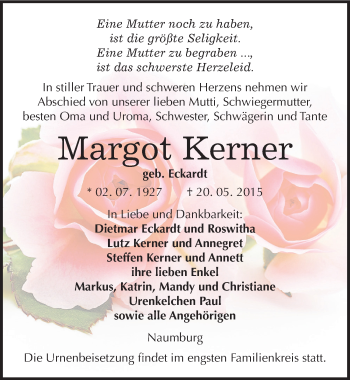 Traueranzeige von Margot Kerner von Mitteldeutsche Zeitung Naumburg/Nebra
