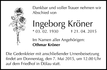 Traueranzeige von Ingeborg Kröner von Mitteldeutsche Zeitung Halle/Saalkreis