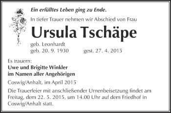 Traueranzeige von Ursula Tschäpe von Super Sonntag Wittenberg