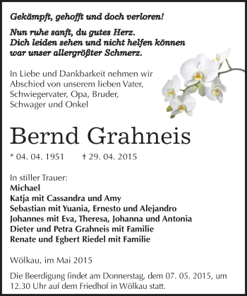 Traueranzeige von Bernd Grahneis von Mitteldeutsche Zeitung Merseburg/Querfurt