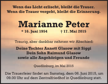 Traueranzeige von Marianne Peter von WVG - Wochenspiegel Quedlinburg