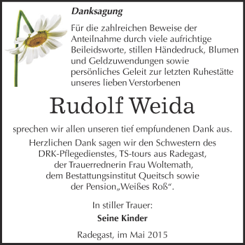 Traueranzeige von Rudolf Weida von WVG - Wochenspiegel Dessau / Köthen
