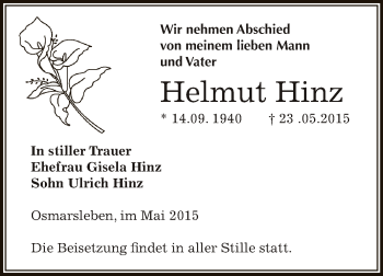 Traueranzeige von Helmut Hinz von Super Sonntag Bernburg