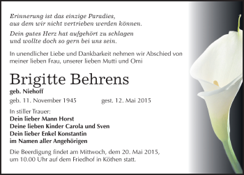 Traueranzeige von Brigitte Behrens von Mitteldeutsche Zeitung Köthen