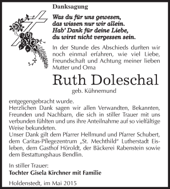 Traueranzeige von Ruth Doleschal von Super Sonntag SGH Mansf. Land