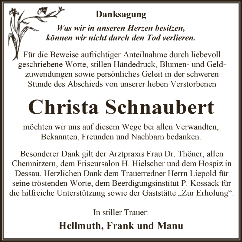  Traueranzeige für Christa Schnaubert vom 17.05.2015 aus WVG - Wochenspiegel Dessau / Köthen