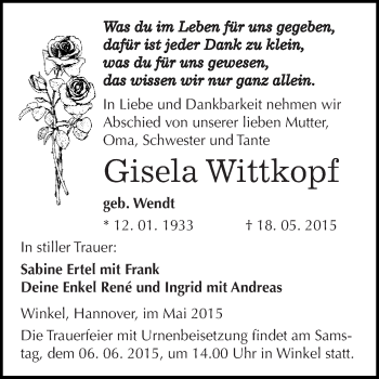 Traueranzeige von Gisela Wittkopf von Super Sonntag SGH Mansf. Land