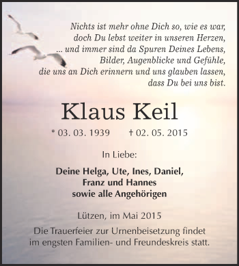 Traueranzeige von Klaus Keil von WVG - Wochenspiegel Merseburg