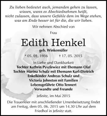 Traueranzeige von Edith Henkel von Mitteldeutsche Zeitung Bitterfeld