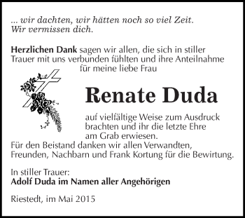 Traueranzeige von Renate Duda von Super Sonntag SGH Mansf. Land