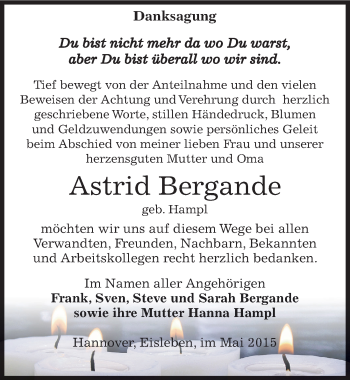 Traueranzeige von Astrid Bergande von Mitteldeutsche Zeitung Mansfelder Land