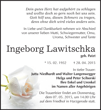 Traueranzeige von Ingeborg Lawitschka von Mitteldeutsche Zeitung Quedlinburg