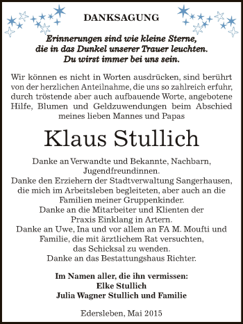 Traueranzeige von Klaus Stullich von Super Sonntag SGH Mansf. Land