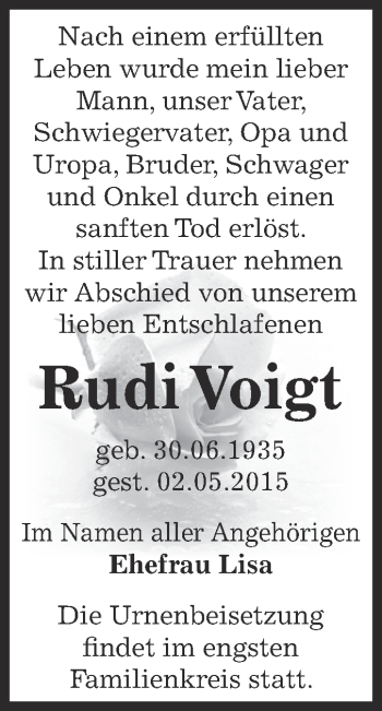 Traueranzeige von Rudi Voigt von Super Sonntag Bernburg