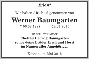 Traueranzeige von Werner Baumgarten von WVG - Wochenspiegel Dessau / Köthen