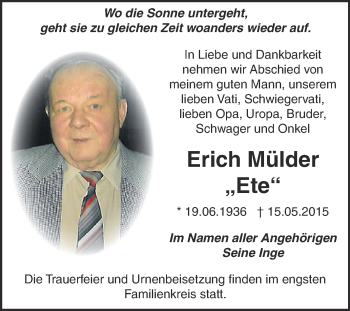 Traueranzeige von Erich Mülder von WVG - Wochenspiegel Dessau / Köthen