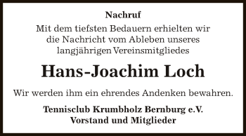 Traueranzeige von Hans-Joachim Loch von Super Sonntag Bernburg