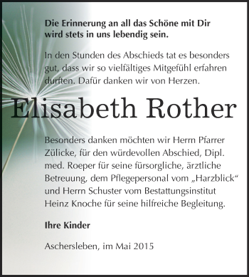 Traueranzeige von Elisabeth Rother von Super Sonntag Aschersleben