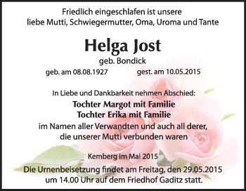 Traueranzeige von Helga Jost von Super Sonntag Wittenberg