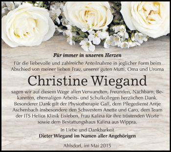 Traueranzeige von Christine Wiegand von Super Sonntag SGH Mansf. Land