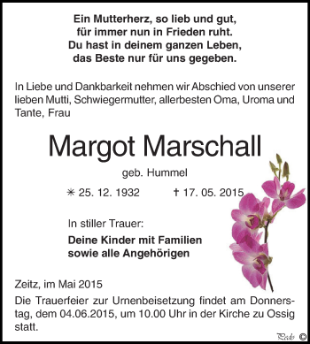Traueranzeige von Margot Marschall von Super Sonntag Zeitz
