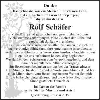 Traueranzeige von Rolf Schäfer von WVG - Wochenspiegel Quedlinburg