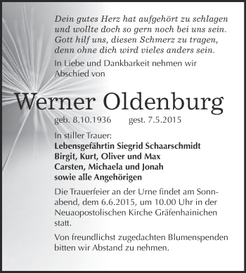 Traueranzeige von Werner Oldenburg von WVG - Wochenspiegel Wittenberg