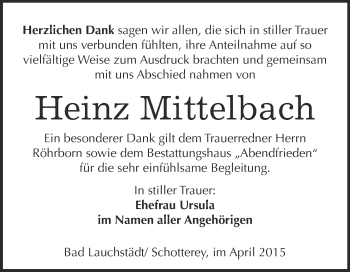 Traueranzeige von Heinz Mittelbach von WVG - Wochenspiegel Merseburg
