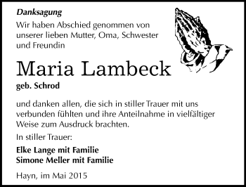 Traueranzeige von Maria Lambeck von Mitteldeutsche Zeitung Sangerhausen