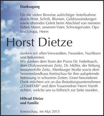 Traueranzeige von Horst Dietze von Super Sonntag Zeitz