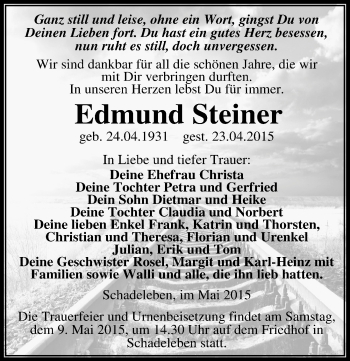 Traueranzeige von Edmund Steiner von Mitteldeutsche Zeitung Aschersleben