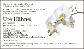 Traueranzeige von Ute Hähnel von WVG - Wochenspiegel Dessau / Köthen