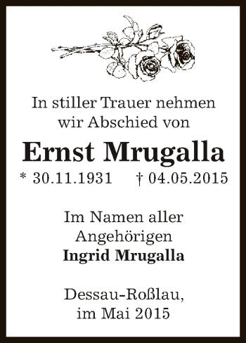 Traueranzeige von Ernst Mrugalla von WVG - Wochenspiegel Dessau / Köthen