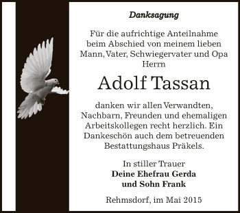 Traueranzeige von Adolf Tassan von Super Sonntag Zeitz