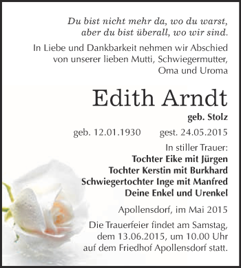 Traueranzeige von Edith Arndt von WVG - Wochenspiegel Wittenberg